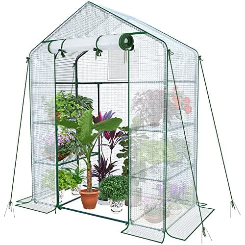 Image of VOUNOT Walk In Greenhouse with Shelves, Roll up Zip Panel Door Garden Plastic Polytunnels Grow House for Outdoor Use, White 143x73x195cm
