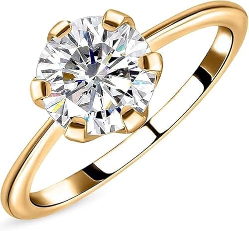 Image of TJC Moissanite 0.75 Ct Solitaire Engagement Ring for Women 925 Sterling Silver 18K Vermeil Yellow Gold Plated, Round Solitaire Diamond Look a Like Wedding Promise Silver Ring Jewellery Gift Size S