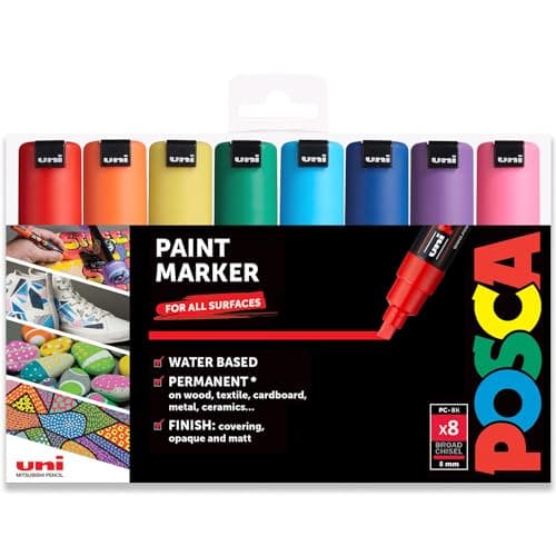 Image of Posca Water Based Permanent Marker Paint Pen - Multi Surface Use - PC-8K, 8mm Chisel - Set of 8 in Gift Wallet - Essential Tones
