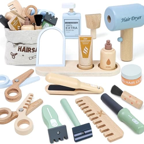 Image of Masonbaby Wooden Barber Shop For Kids, pretend play toy hairdressing set with Wooden Hair Dryer, Barber Scissors and Storage bag, Role Play hair salon toys for boys girls Christmas & Birthday Gift