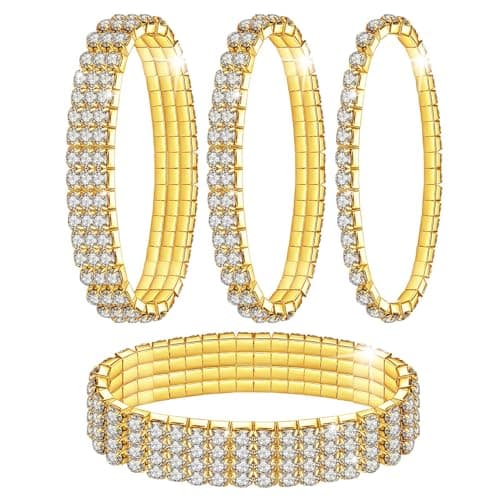 Image of Kucheed 4PCS Rhinestone Stretch Bracelets, Twinkle Diamond Tennis Bangle, Silver Bling Crystal Bridal Stackable Bracelet Jewelry, Silver Shining Wedding Party Elastic Band Bracelet for Women (Gold)