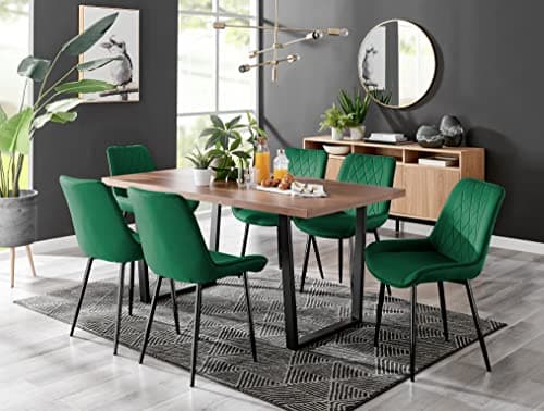 Image of Furniturebox UK Dining Set - Kylo 160cm Large Brown Wood Effect 6 Seater Dining Table with Industrial Black Legs & 6 Green Velvet Black Leg Pesaro Dining Chairs