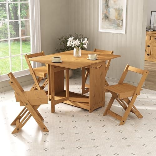 Image of Mews Corona Butterfly Dining Set Santos 4 Seat Folding Drop Leaf Table with Chairs Solid Mexican Pine