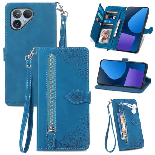 Image of MOJIA Flip Case Compatible with Fairphone 5, PU Leather Zipper Wallet Case Flip Phone Cover with TPU Shell, Card Holder Multifunctional Case. Blue