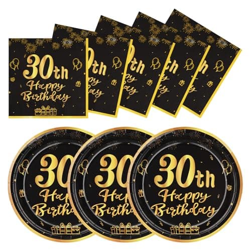 Image of LAWALEISHE 30th Happy Birthday Paper Plates and Napkins, Black Gold 9" Disposable Strong Plates for Parties, 48pcs Party Tableware Set 24 Guests, Birthday Supplies for Table Decorations