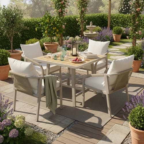 Image of Merax 4 Seater Garden Furniture Set, Outdoor Patio Furniture with Galvanised Iron Frame, Includes 4 Chairs & Table with Plastic Wood Top, Rope Weave Chairs, Parasol Hole, Garden Dining Set, Beige