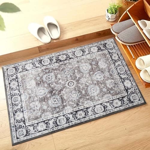 Image of Hafaa Machine Washable Bedside Small Rug 40x60 cm - Soft Short Pile Brown Area Rugs For Bedroom Entrway Non Slip Floor Carpet Traditional Vintage Design Cashmere Door Mat For Kitchen Bathroom, Harmony