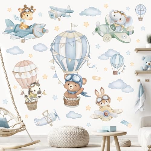 Image of wondever Watercolor Hot Air Balloon Animals Wall Stickers Airplane Bear Elephant Cloud Peel and Stick Wall Art Decals for Kids Baby Nursery Bedroom