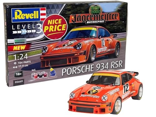 Image of Revell Gift Set 05669 Jägermeister Motorsport 50th Anniversary - Porsche 934 RSR 1:24 Scale Unbuilt Plastic Model Kit with Contacta Professional Glue, Paintbrush & Selected Aqua Color Paints