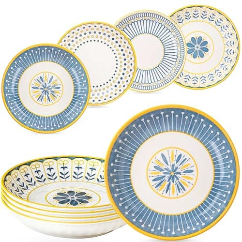 Image of Houbobo 8 Inch Pasta Bowls, 24oz Ceramic Salad Bowls Soup Bowls, Wide and Shallow Bowls Set of 4, Colorful Serving Plates for Pasta,Salad,Oatmeal,Fruit, Microwave Dishwasher Safe