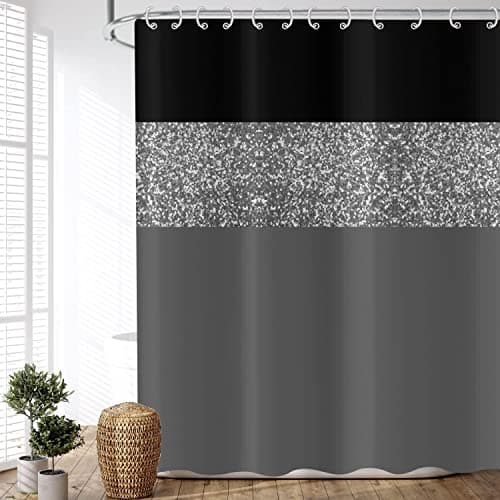 Image of ASDCXZ Shower Curtain Glitter 180x180 cm, Modern Black Grey Glitter Silver Splicing Waterproof Textile Bath Shower Curtains Washable Polyester Fabric Shower Curtain for Bathtub with 12 Hooks