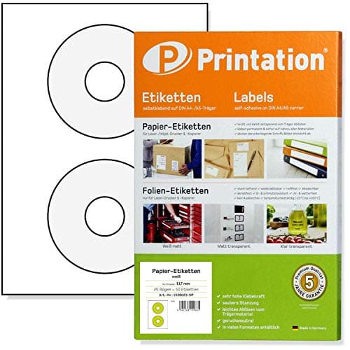 Image of CD, DVD labels, white, self-adhesive, round, opaque, printable, 50 stickers on 25 sheets of DIN A4 paper, diameter 117 mm, made in Germany