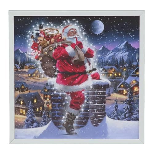 Image of YöL 40x40cm LED Christmas Wall Art Santa Going Down Chimney with Toy Sack – Festive Winter Village Scene with Twinkling Lights – Battery Operated Canvas Decoration for Seasonal Home Décor