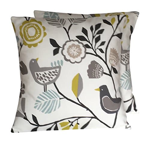 Image of 2 x 16" (40cm x 40cm) Handmade Folk Chartreuse Charcoal Grey Lime Green Blue Scandi Style Floral Bird Cushion Covers