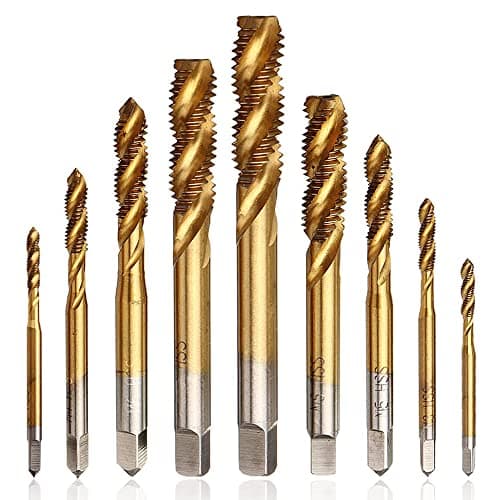 Image of Mesee 9 Pieces Spiral Flute Tap Set, Titanium Coated HSS Metric Thread Machine Taps Drill Bits Screw Thread Tapping Tool - M2 M2.5 M3 M4 M5 M6 M8 M10 M12