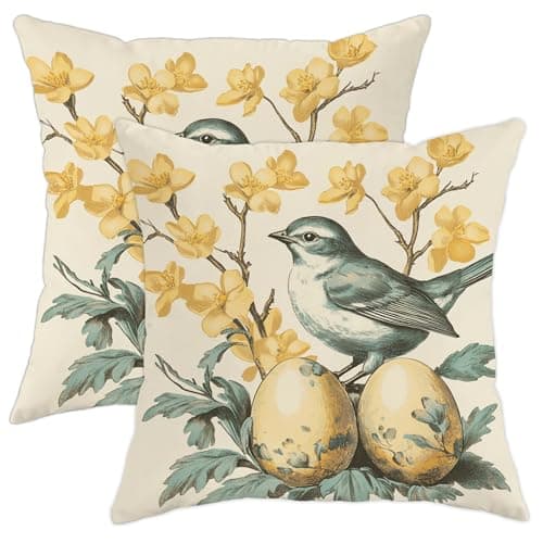 Image of Spring Pillow Covers Set of 2, Blue Songbird Floral Throw Pillow Cases, Nature-Inspired Decorative Cushion Covers for Living Room Sofa Bed Couch 16x16 Inch