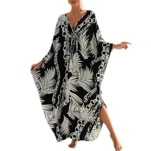 Image of Baynetin Women's Long Tiedye Kaftan Dress, Print Kimono Maxi Beach Boho Party Dress Plus Size Bathing Suit Cover Ups Batwing Sleeve Print Loungewear (Leaf)