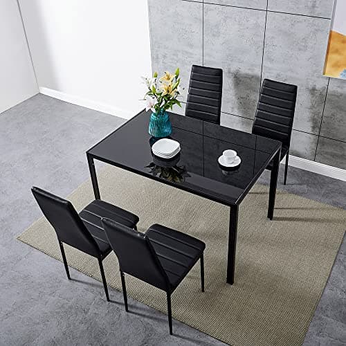 Image of Panana Dining Table and Chairs, Set of 4. Tempered Glass Dining Table with 4 PU Leather Dining Chairs. Dining Room Table Sets for Home and Kitchen Furniture (Black, 120x80x75cm)