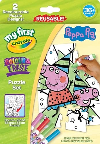 Image of Crayola My First Colour & Erase Puzzle Set - Peppa Pig | With 12 Double-Sided Puzzle Pieces & 4 Washable Markers | Reusable Puzzle Kit for Kids Ages 3+