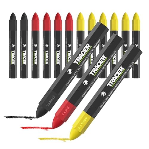 Image of Tracer Construction Lumber Crayon Markers, Pack of 12 - Mixed Colours. 6 x Yellow, 4 x Red, 2 x Black, Multi Surface Marking Crayons
