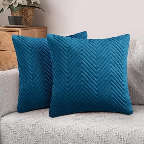 Image of Hafaa Cushions with Covers Included 45 x 45 Cm Set of 4 (2 Teal Cushion Covers, 2 Cushion Inserts) - Ultrasonic Velvet Square Throw Pillow Case Decorative Sofa Cushion with Invisible Zipper
