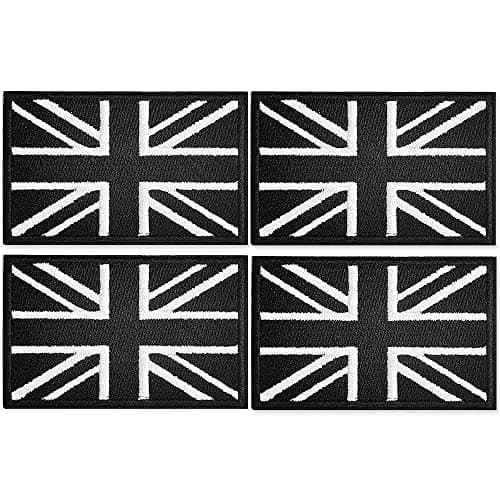 Image of 4Pcs British Union Jack Patch Black & White Tactical British Union Jack Flag Patch United Kingdom Embroidered Fabric Patch Hook and Loop Applique for Military Uniform Tactical Bag Jacket Jeans Hat