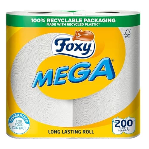 Image of Foxy Mega Kitchen Towel, 2-Ply, Vortex Embossed, High Absorbent, Roll with Sheets, 100 Sheets per Roll, Twin Pack