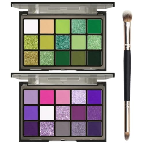 Image of UCANBE 2pcs Eyeshadow Palette Makeup Set, Green Purple Colors Shimmer Matte Metallic Eye Shadow Pallet with Soft Brush Eye Make Up Kit for Halloween Cosplay Costume Beetlejuice Medusa Poison Ivy Ursla