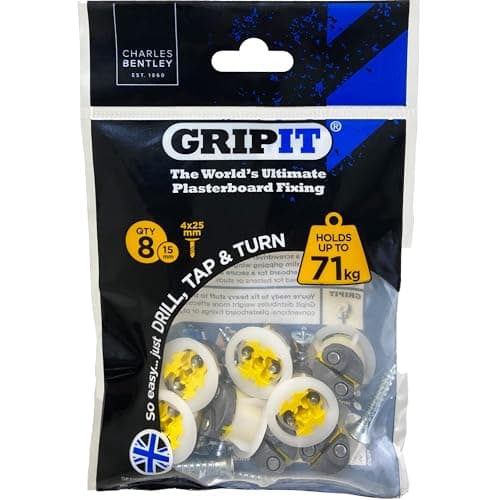 Image of Gripit Yellow Plasterboard Fixings - Pack of 8 - Heavy Duty Stud Wall fixings - Plasterboard Anchors - Ideal for Blinds, Curtains, Mirrors & Frames - Easy to Install - Holds Up to 71kg - UK Designed