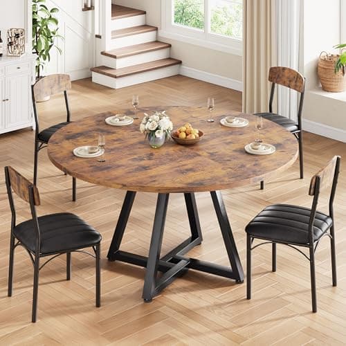 Image of Jocoevol Round Dining Table and 4 Chairs Set of 4-6, Circle Dinner Table with Metal Frame, Space Saving Wood Industrial Furniture (Vintage, 47 inch)