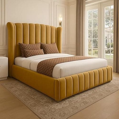 Image of AL SULTAN 5FT King Wingback Bed Frame With Winged Panel Headboard Upholstered In Plush Velvet Mustard Gold Bed Wooden Slats - No Mattress - No Storage (Mustard Gold Plush, 5FT King Bed Frame Only)