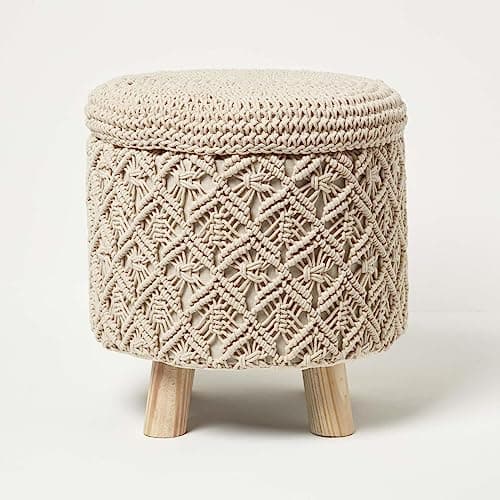Image of HOMESCAPES Natural Macrame Knitted Pouffe with Storage 43 cm Tall Crochet Round Footstool on Legs 100% Cotton Braided Design Stool Vanity Seat