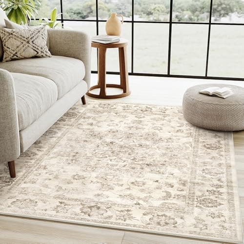 Image of HUGEAR Vintage Rugs Living Room Beige Large Area Rug 120x170cm Non Slip Washable Hall Lounge Bedroom Kitchen Office Dining Room Indoor Carpet Low Pile Big Carpets