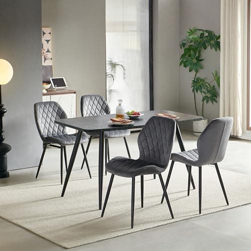 Image of Weegstok Rectangular Dining Table and 4 Chairs Set, 5pcs Dining Room Sets for Restaurant Kitchen Office, 2-4 Seaters Table and Fabric Kitchen Chairs Sets of 4 (4PCS Grey+ Black Marble Table)