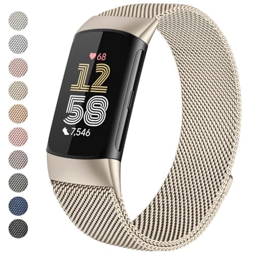 Image of Zoye Metal Strap Compatible with Fitbit Charge 6 Strap for Women Men, Adjustable Stainless Steel Mesh Loop Replacement band with Magnetic clasp for Fitbit Charge 6 (Champagne)