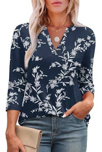 Image of Aokosor Womens 3/4 Sleeve Tops Ladies Blouses V Neck T Shirts Fashion Dressy Tunic Blouses Curved Hem Size 10-12 Deep Blue White Floral