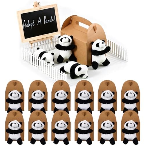 Image of BROWNKNOT Adopt A Panda Party Favors Mini Plush Stuffed Animals Set with 12 Plush Panda Mini Fence Blackboard Kraft Paper Box for Adopt An Pet Themed Birthday Party