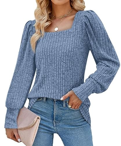 Image of Aokosor Womens Long Sleeve Tops Ladies Square Neck Jumpers Puff Sleeves Sweatshirts Blue Size 18-20