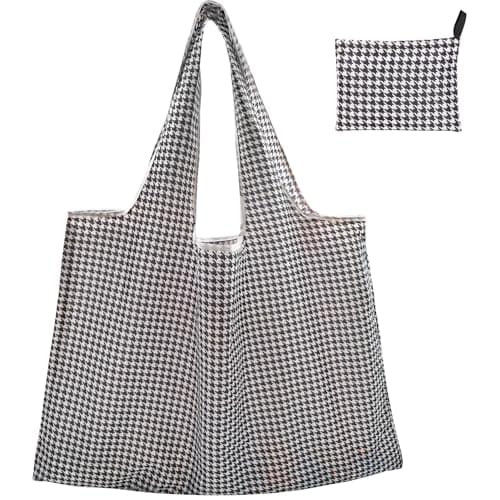 Image of FenFang Reusable Shopping Bags Foldable, Extra Large Grocery Bag, Washable Pocket Shopper Bag, Lightweight Handbag Tote Bag Portable Pouch for Daily Travel Picnic, 56 X 67 cm (Black)