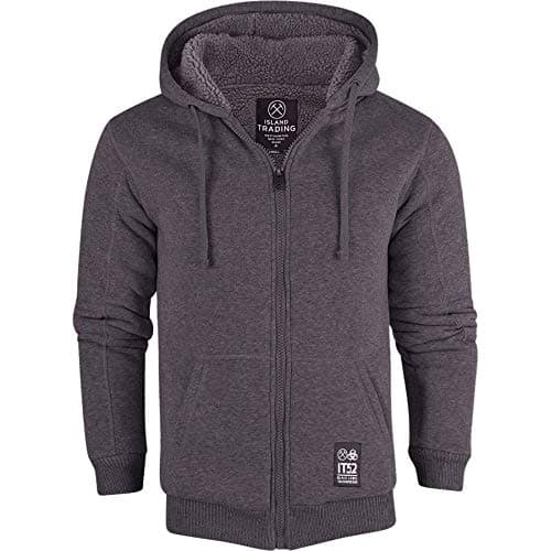 Image of Island Trading Mens Cotton Padded Borg Fleece Sherpa Lined Full Zip Up Hoodie Sweatshirt Jacket Medium Charcoal
