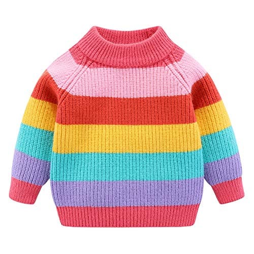 Image of Mud Kingdom Girls Jumper Crew Neck Knitted Sweater for Toddler Girl Rainbow Stripe Pink 4 Years
