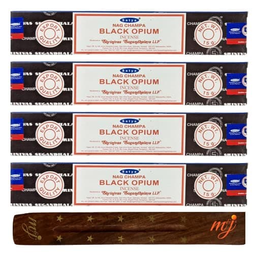 Image of Original Satya Nag Champa Black Opium Incense Sticks | with M&J incense sticks holder | x4 pack | for Aromatherapy, Spa, Yoga, Weddings, Meditation, Healing, Positivity and Relaxation