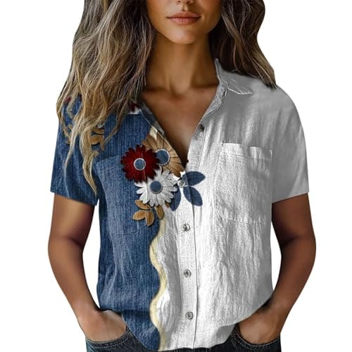Image of Angxiwan Bardot Tops for Women UK Linen Shirts Women Summer Short Sleeve Button Down T-Shirts with Pockets Elegant Graphic Print Tunic Tops Lightweight Loose Holiday Essentials for