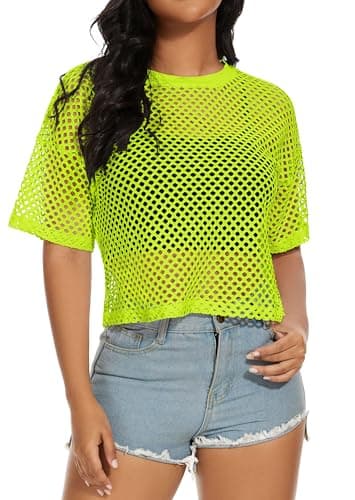 Image of florynova Womens Fishnet Mesh Tops Summer See Through T Shirt Short Sleeve Sheer Blouse(Neon Green,XL)