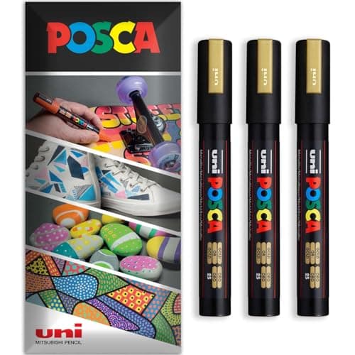 Image of Posca Water Based Acrylic Paint Marker Pens | Multi Surface Use Permanent Paint Pen | Pack of 3 Pens in Envelope Gift Packaging | Glass, Fabric, Canvas, Wood etc | PC-5M, Gold