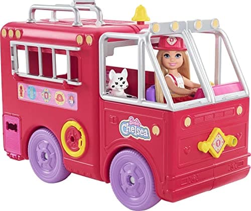 Image of Barbie Chelsea Fire Truck Playset, Chelsea Doll (6 inch), Fold Out Firetruck, 15+ Storytelling Accessories, Stickers, Ages 3 Years Old & Up, HCK73