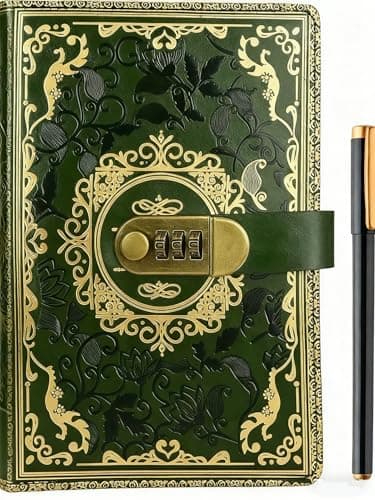 Image of A5 Journal With Lock, Vintage Leather Diary With Lock, 200 Pages Lined Paper Notebook With Pen, Secret Diary With Combination Password, Locked Journal for Women, Girls, Travel Writing (Green)