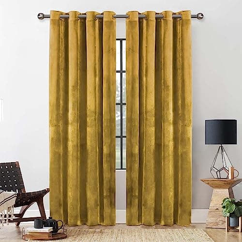 Image of Yorkshire Bedding Ochre Curtains 90x90 for Bedroom and Living Room – Super Soft Crushed Velvet Thermal Insulated Curtains – Eyelet Room Darkening with 2 Tie Backs – (228cm x 228cm)