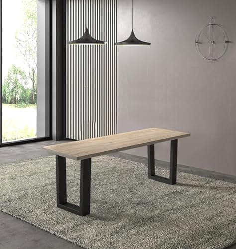 Image of Hallowood Furniture Dudley Dining Bench 120cm with Wooden Top and Black Metal U Shaped Legs, Modern Industrial Style Kitchen Bench Seat for Home Dining Room, Living Space or Cafe