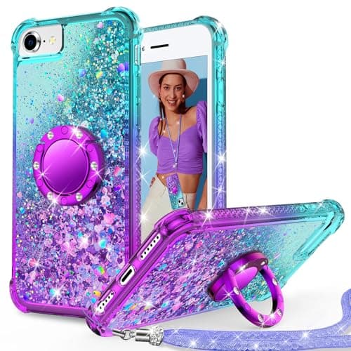 Image of Unlicaku for iPhone 8/7, iPhone SE 2020/2022 Case, with Ring Women Girls Bling Holographic Sparkle Glitter Cute Cover, Diamond Ring Protective Phone Case, Purple